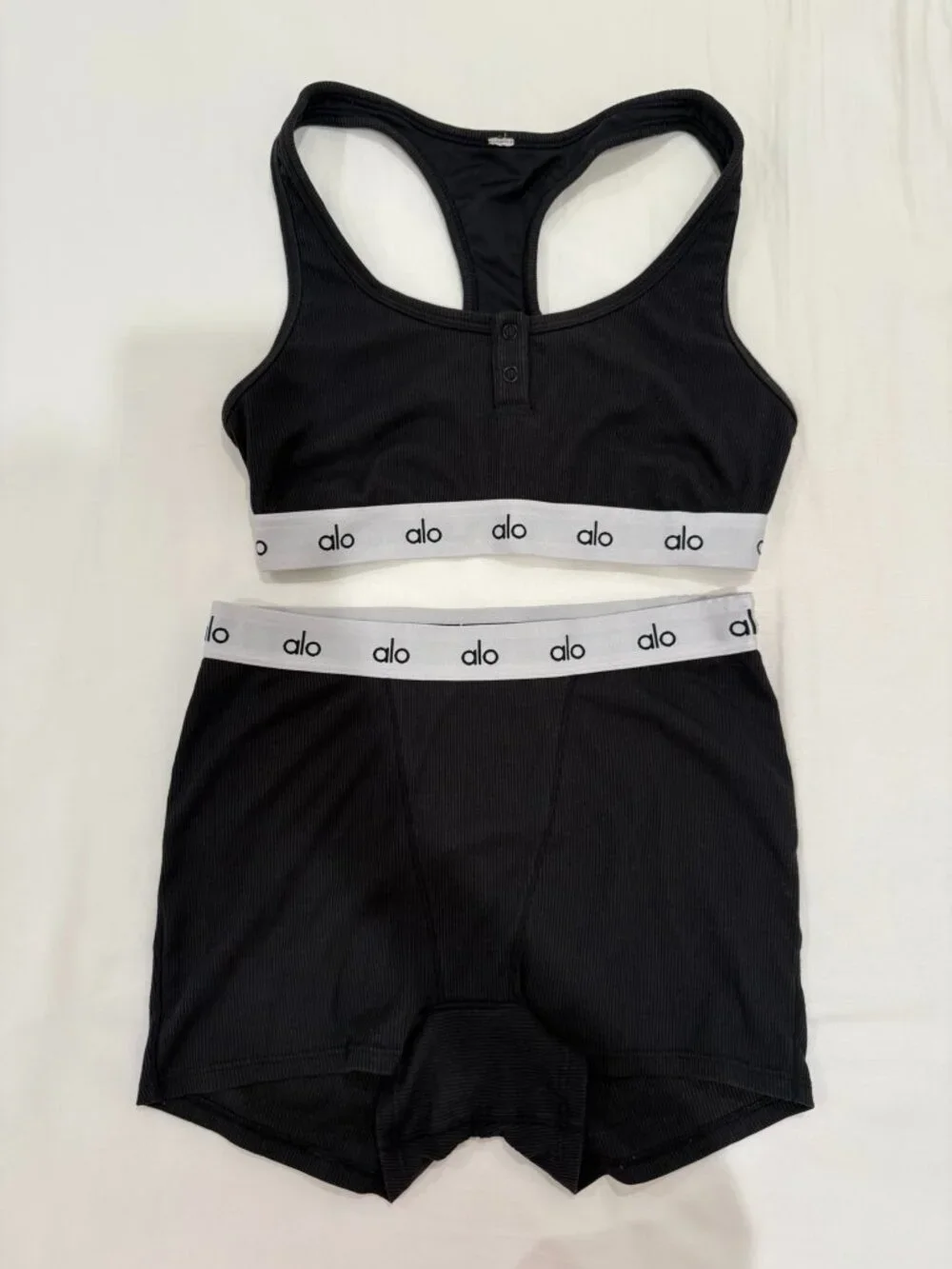 Alo Discontinued Icon Ribbed Henley Bra and Boyshort in Black, Size Small